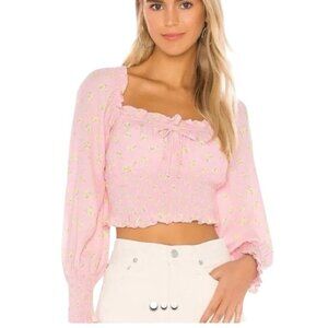 Faithfull The Brand Pink Floral Smocked Crop Top Puff Sleeves Ruffle Trim XS